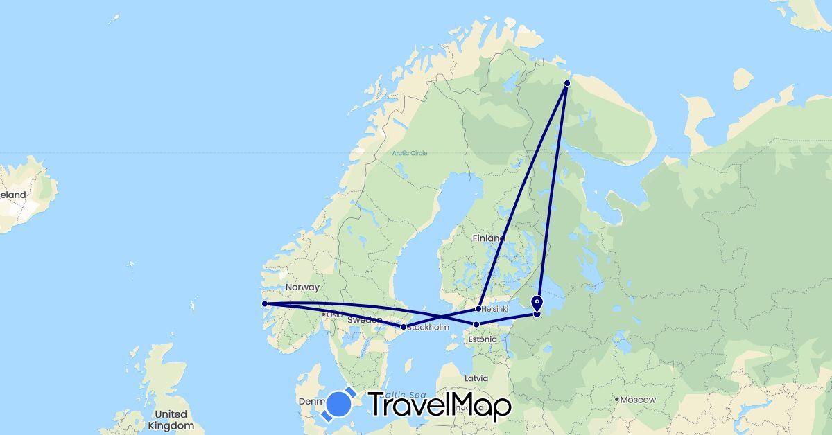 TravelMap itinerary: driving in Estonia, Finland, Norway, Russia, Sweden (Europe)